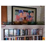 Contents of Top 3 Shelves & Top of Bookcase: Picture, Decorative Bowls, Assorted VHS