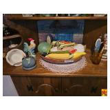 Contents on Cabinet: Figurines, Bowl with Faux Vegetables & More
