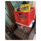 Vintage Chair with Tote & Red Crate & Contents