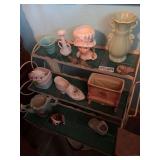 Antique Shelf & Contents: Planters & More