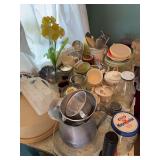 Contents on Table: Jars, Cups, Pitchers & More