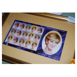 Framed & Matted Vintage Commemorative Souvenir Sheet of Postage Stamps Featuring Princess Diana