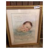 Nursery Decor: Vintage Framed & Matted Print Featuring Sleeping Baby with Night-time Prayer