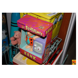 Shelf & Contents: Flintstones Bank, Tweety Bird Tin, & More