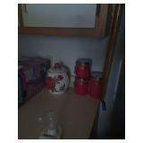 Ceramic Rose Motif Cookie Jar & (3) Red  Canisters