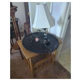 Wood Side Table, Metal Décor & Table Lamp