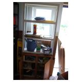Wooden Shelving Unit with Assorted Household and Gardening Items