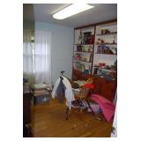 Assorted Household Contents Including Books, Shelving, and Apparel