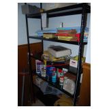 Assorted Workshop Supplies and Books on Metal Shelving Unit