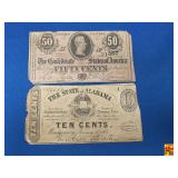 Two Confederate Notes of 10 Cents and 50 Cents