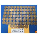65 United States Wheat Pennies of Various Years