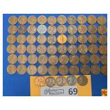 65 United States Wheat Pennies of Various Years