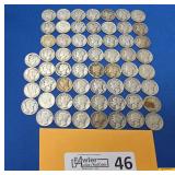 Sixty Mercury Dimes with Various Dates and Grades