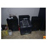 DJ Audio Equipment Rack with Gemini Mixer, Stanton CD Player, Mackie Equalizer, and Power Amplifier