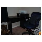 Black Computer Desk with Rolling Office Chair and HP Printer
