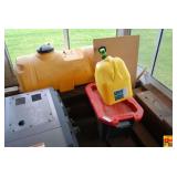Storage Bin with Plastic Fuel Can and Large Sprayer Tank