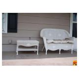 White Wicker Loveseat and Matching Side Table Set