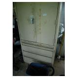 Metal Storage Cabinet with Lower Drawers and Assorted Hand Tools