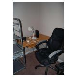 Office Desk with Metal Shelving Unit and Task Chair