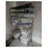 Chrome Wire Storage Shelf With Rolling Casters With Plastic Totes Of Plumbing Pipe & Miscellaneous