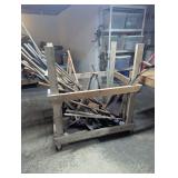 Rolling Wood Utility Cart With Long Handled Shovels & Garden Tools