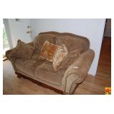 Fabric Cushioned Sofa With Matching Loveseat With Scrolled Arms & Nailhead Trim Plus Ottoman