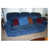 Blue Fabric Sofa With Reclining Seats & Throw Pillows
