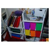 Two Plastic Storage Towers with Bins, Binders, and Assorted Household Items