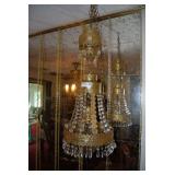 Ornate Brass Hanging Chandelier with Crystal Prisms and Filigree Trim