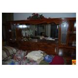 Large Wooden Bedroom Headboard Unit with Integrated Mirror and Storage Cabinets