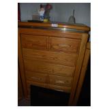 Oak Finish Tall Dresser Chest of Drawers with Brass Tone Trim