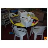 Yellow Round Childrens Table with Four Matching White Plastic Chairs