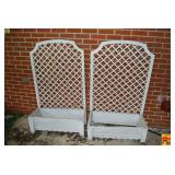 Pair of White Painted Wood Planter Boxes with Attached Lattice Trellises