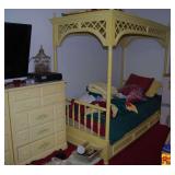 Yellow Painted Wooden Canopy Bed Frame with Matching Dresser (Items on Top of Dresser are not Included)