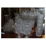 Large Cut Glass Punch Bowl Set with Decanter and Assorted Stemware