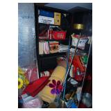 Assorted Shelving Contents Including Baskets, Binders, Rake, and Foam Roll