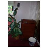 Wicker Laundry Hamper, Blue and White Ceramic Planter, and Artificial Plant