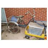 Blue Adult Tricycle with Rear Basket, Yellow Wagon and Tote