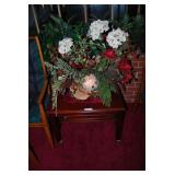 Wooden End Table on Casters with Holiday Floral Arrangement