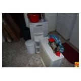 Lot of Plastic Storage Drawers, Toy Train, and Kitchen Items