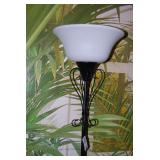 Metal Floor Lamp with White Glass Shade and Scrollwork Detail