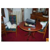 Round Wooden Pedestal Table and Two Upholstered Armchairs