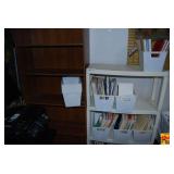 Wooden Bookshelf and Metal Storage Shelving Unit with Plastic Bins and Document Files