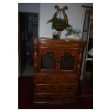 Wooden Armoire with Glass Doors and Multiple Drawers