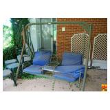 Metal Frame Patio Porch Swing with Blue Cushions and Center Console