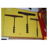Three Wooden Handle Hand Augers and Wood Boring Drill Bits