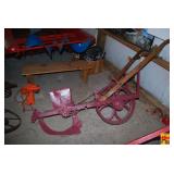Red Painted Walking Garden Seeder and Plow with Wooden Handles