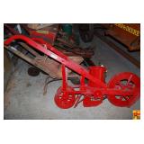 Covington Planter Co. Red Painted Metal and Wood Push Seed Planter with Original Paper Tag