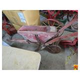 Red Painted Wooden Horse Drawn Seed Planter with Metal Wheel and Plow Blade