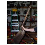 Historical D-Handle Metal Shovel with Wooden Shaft and Hand-Written Provenance Tag